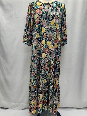 Natural Life Womens Floral Maxi Dress With 3/4 Sleeves & Keyhole Tie Neckline M